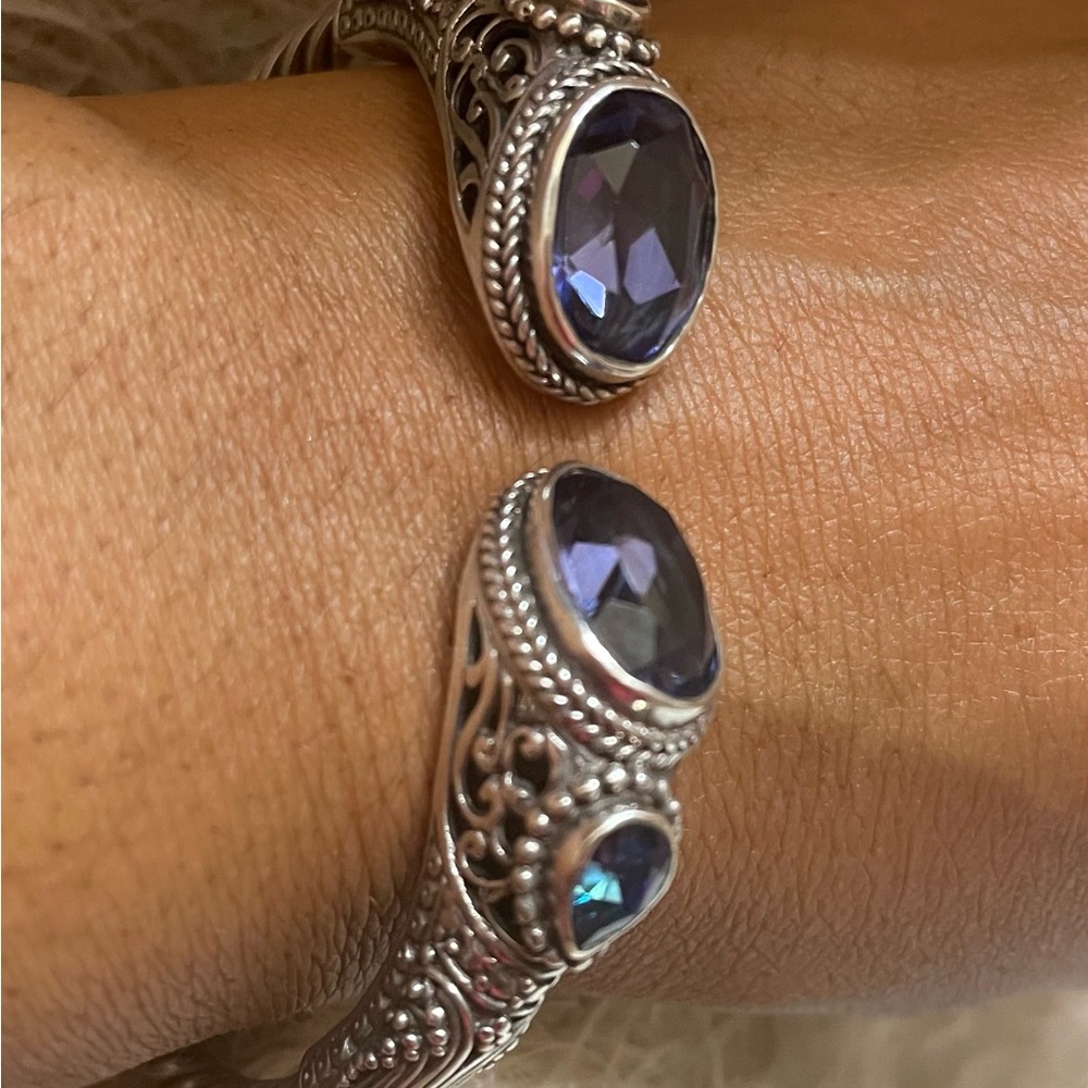 Artisan of Bali English blue mystic quartz & sheer luck mystic topaz silver cuff - Picture 2 of 3